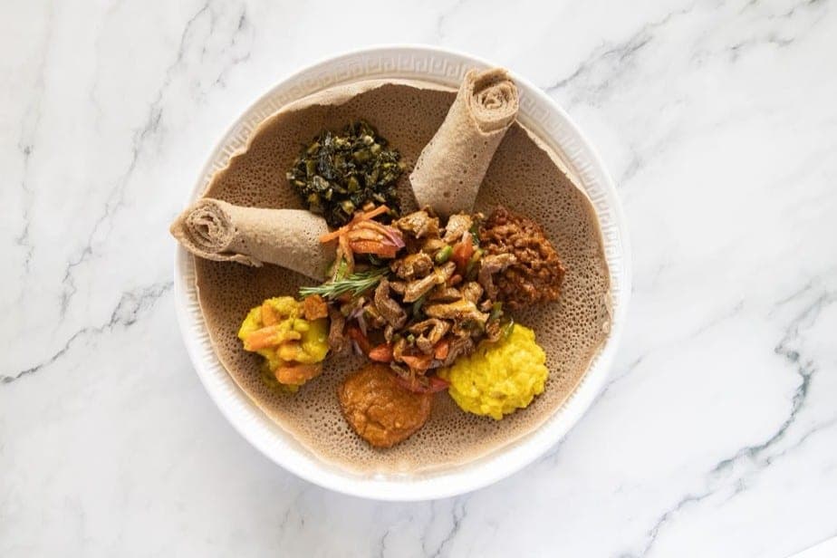 Beyaynetu vegetarian combination platter on injera at Eri Star Cafe