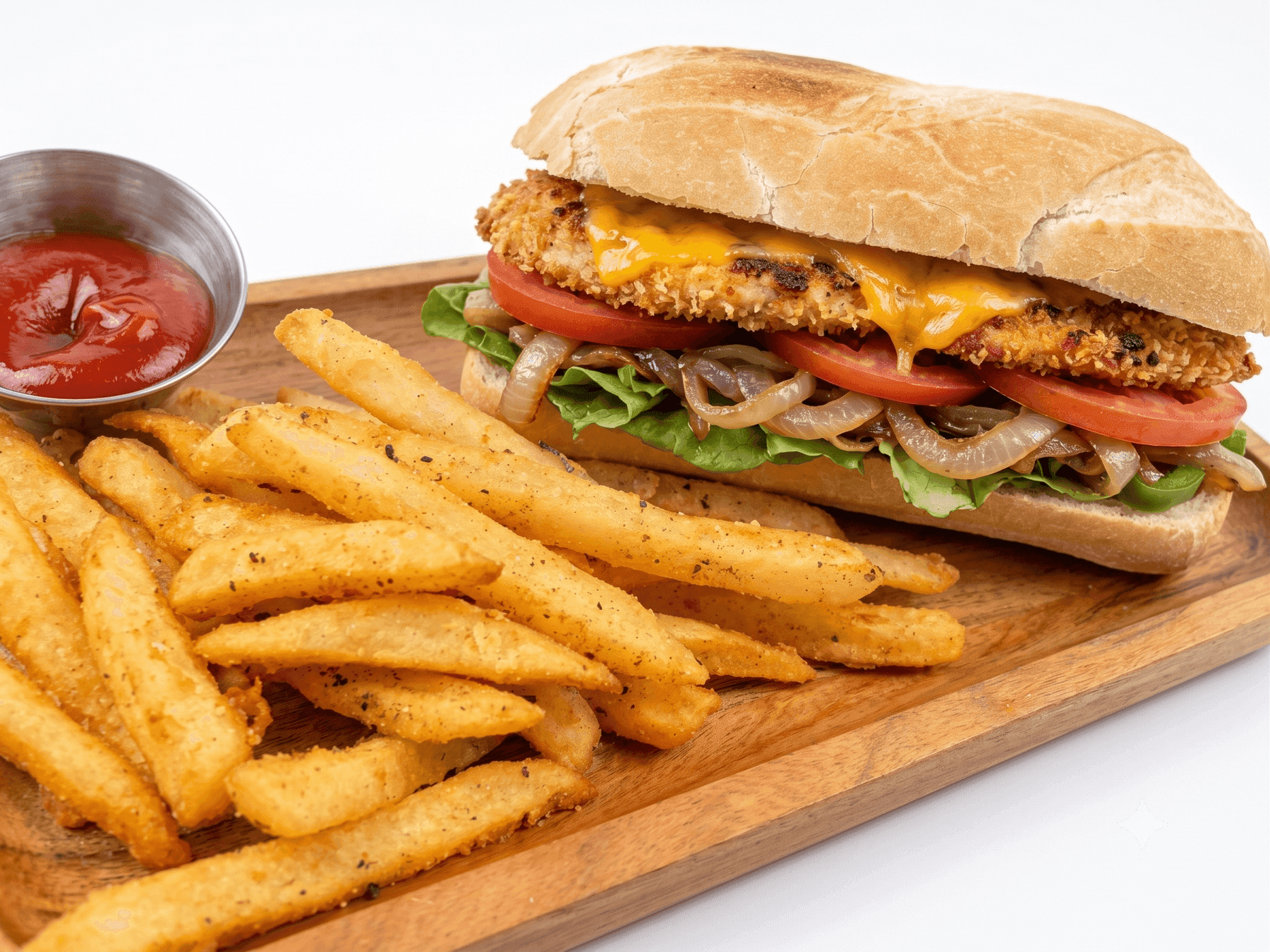 Ethiopian-style chicken sandwich with fries at Eri Star Cafe