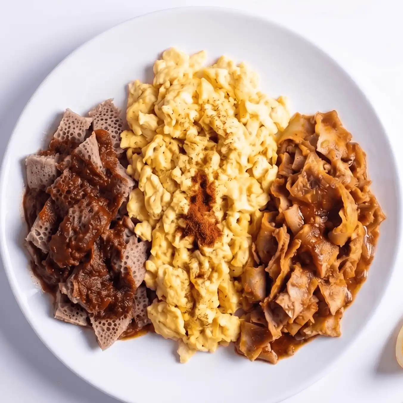 Combo Delight breakfast platter, eggs, firfir, and chechebsa on injera