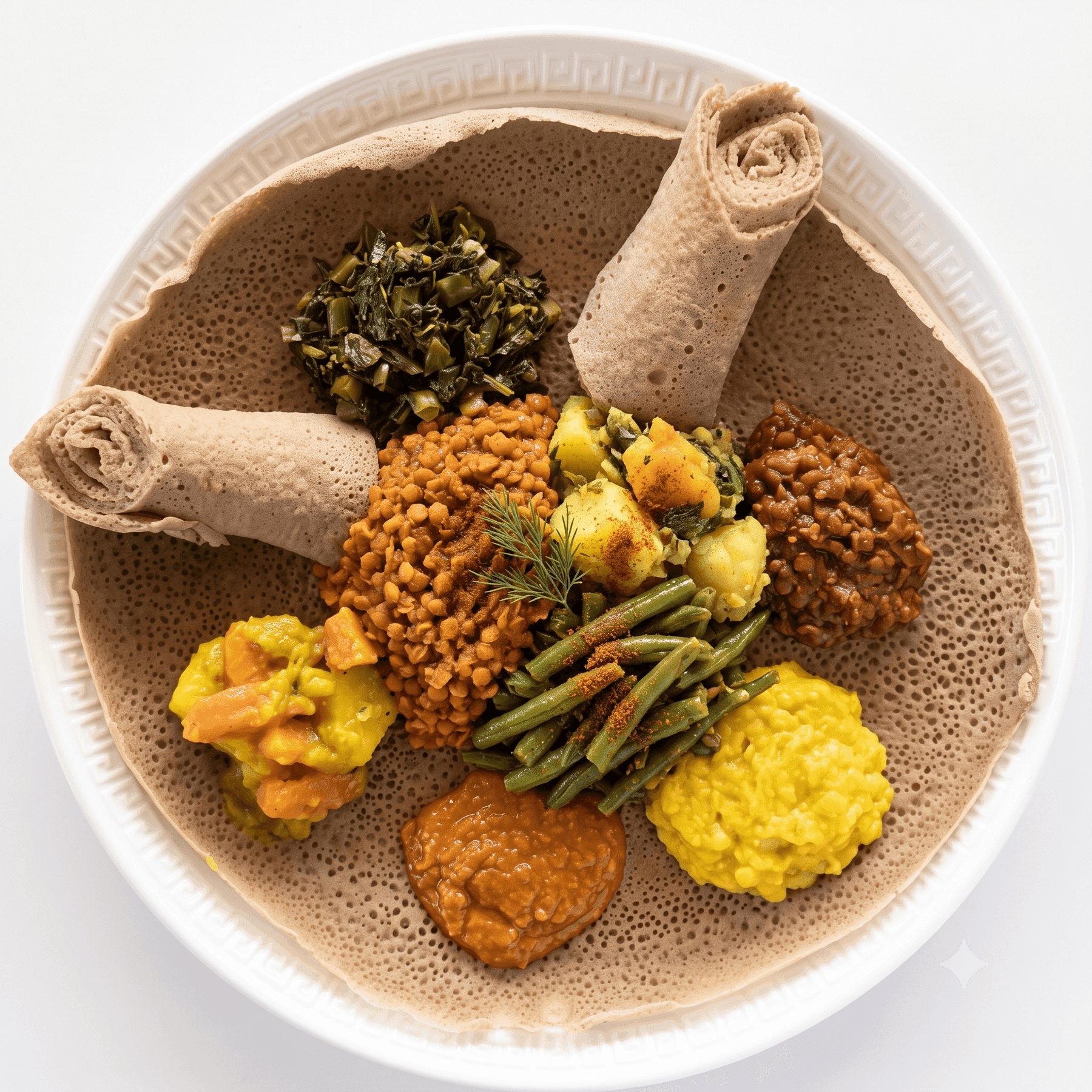 Veggie Combo with Lamb Tibs — Ethiopian lentils, greens, and vegetables on injera