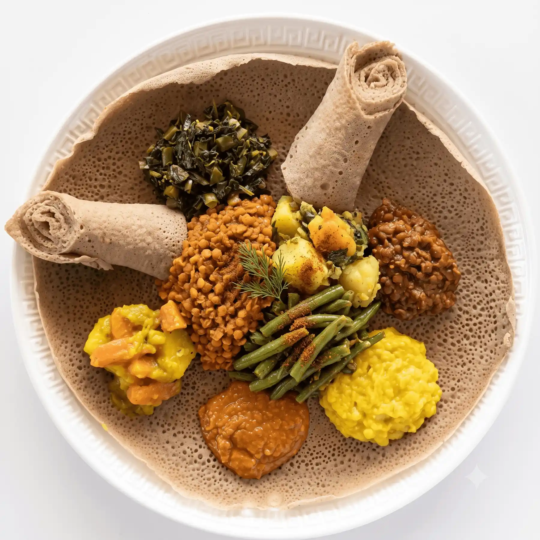 Veggie Combo with Lamb Tibs, Ethiopian lentils, greens, and vegetables on injera