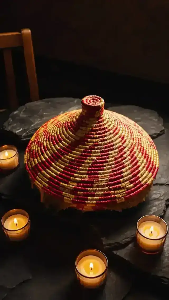 Traditional Eritrean mesob basket with warm candlelight at Eri Star Cafe